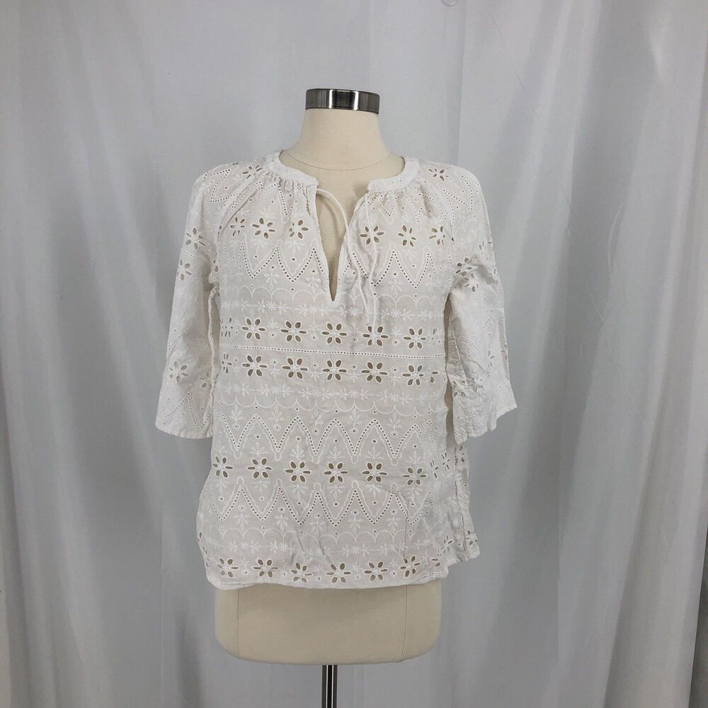 J. Jill XS White Peasant Boho Style Top Tie Neck 3/4 Sleeve 100% Cotton Eyelet
